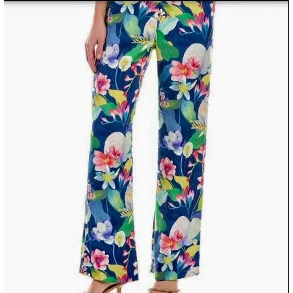 J McLaughlin Broderick Tropical Floral Wide Leg Pants Navy Blue Pink 6‎ NWOT